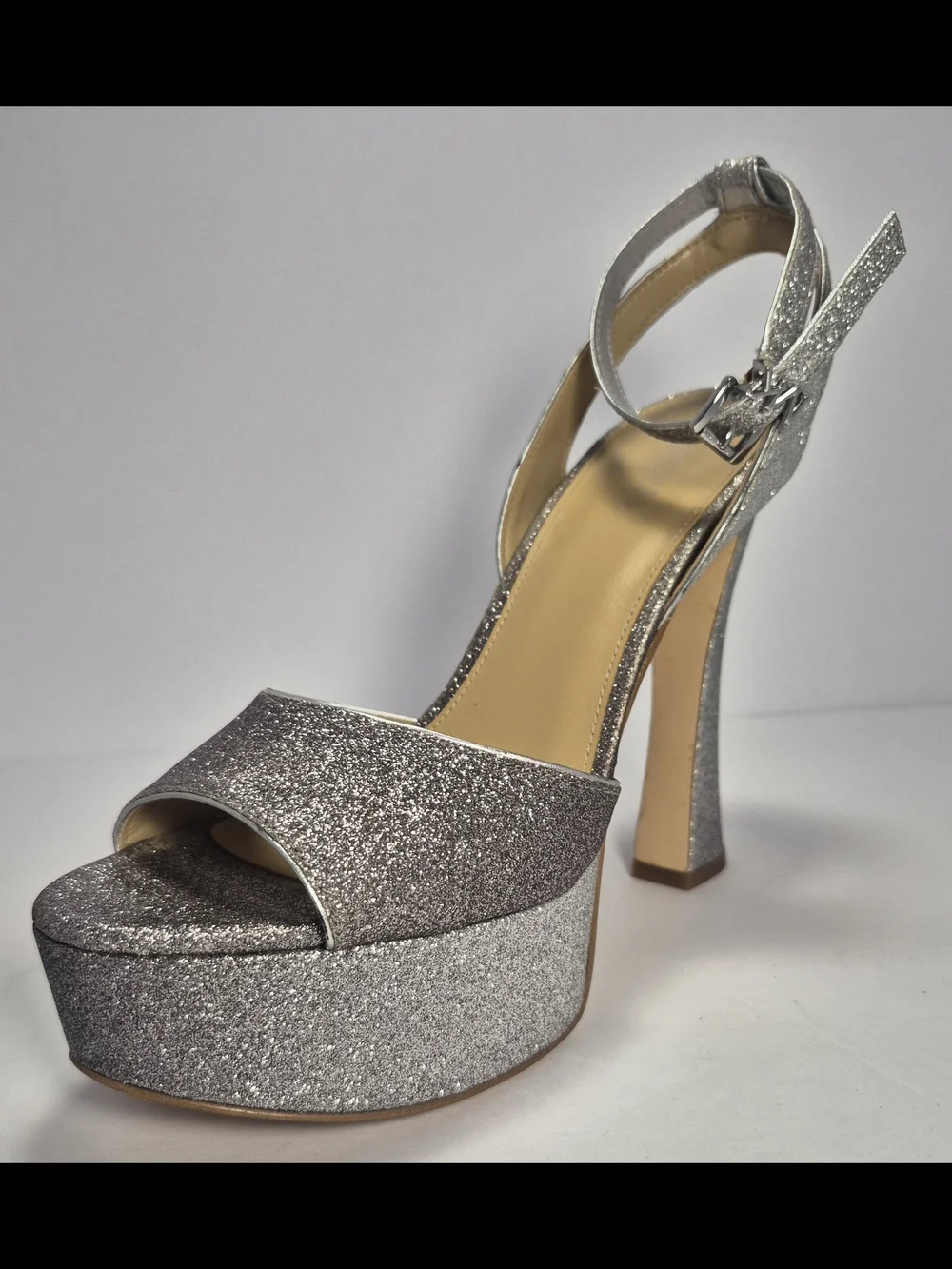 Michael Kors Silver Glitter Chunky Platform Sandals Ankle Strap Buckle Closure